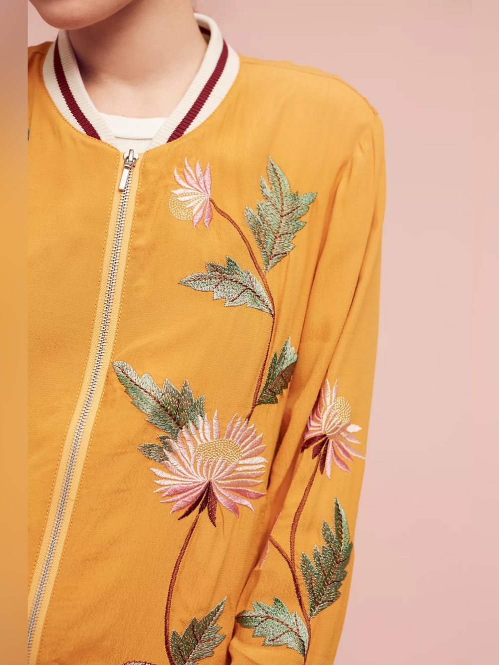 Anthropologie Solstice Mustard Floral Embroidered Bomber Jacket L - Picture 4 of 9